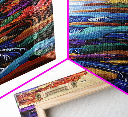 Fish Stream, Fantasy Whimsical — Framed Canvas Print, colorful river painting, kids room aquatic wall art, fantasy nature scene, boho decor