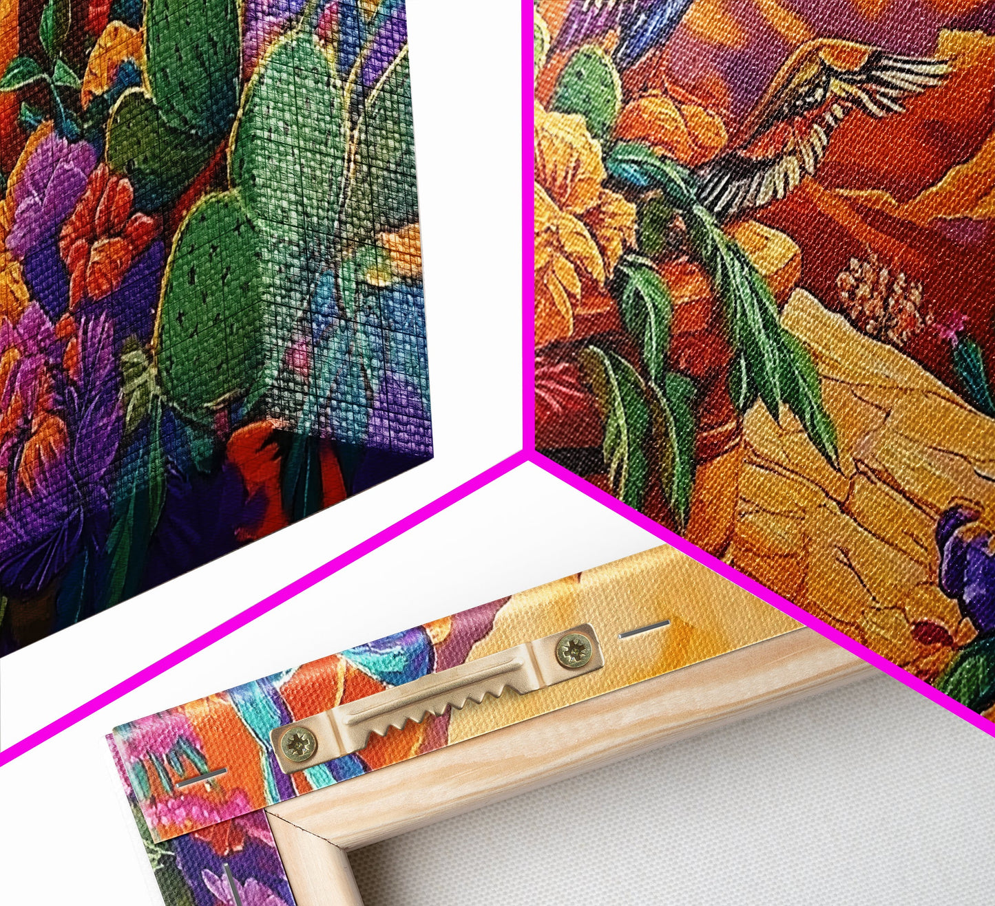 Birds Cactus, Blossoms, Bright Nature Framed Canvas Print, Desert Floral Wall Decor, Southwest Living Room Boho Wall Art