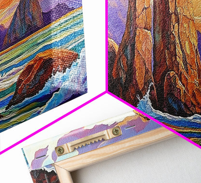 Ocean Rocks, Waves, Sunrise, Framed Canvas Print, Coastal Landscape Art, Nautical Beach Wall Decor, Ocean Sunset Art, Bedroom Accent