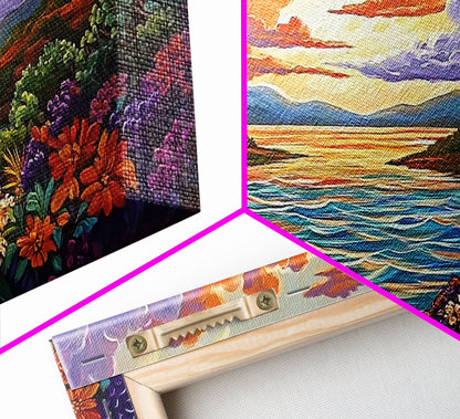 Sunset Floral, Lake, Garden, Framed Canvas Print, romantic nature painting, bedroom wall art, bright flower garden decor, sunset print