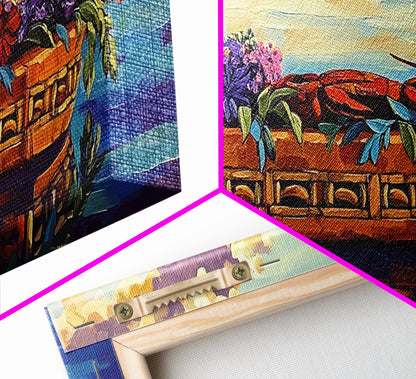 Lobster Basket, Florals, Coastal, Canvas Print, Nautical seafood kitchen wall art, whimsical ocean dining decor, coastal flower boho art