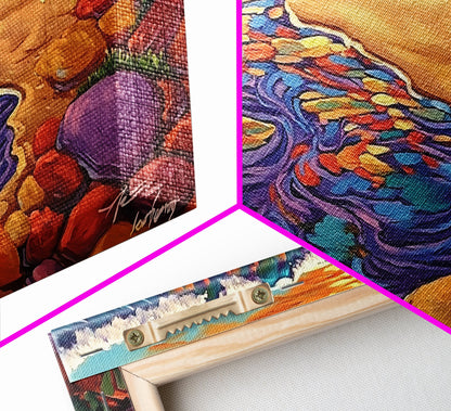 Ocean Stream, Sunset, Framed Canvas Print, Vibrant Beach Painting, Surf Wall Art, Coastal Decor, Sunset Seascape, Colorful Nature Art