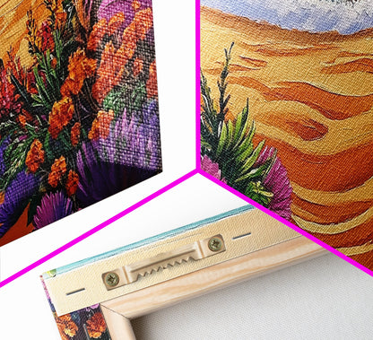 Beach Floral, Sunset, Cactus, Vibrant Desert Coastal Pathway Canvas Print, Entryway Wall Art, Boho Style Art, Tropical Beach Wall Decor