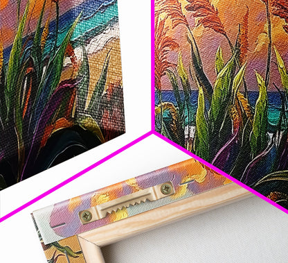 Coastal Sunset, Grasses, Canvas Print, Autumn Beach Landscape Art, Boho Living Room Wall Decor, Colorful Nature Painting