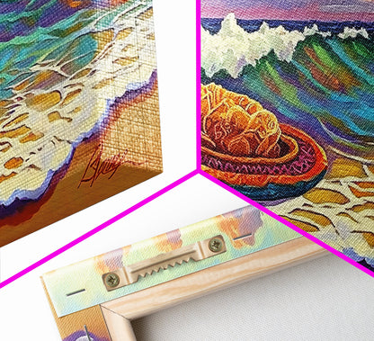 Conchas Beach, Sunset, Waves, Canvas Print, Mexican sweet bread art, kitchen wall decor, colorful bakery art, beach wall painting