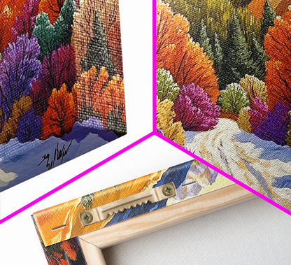 Autumn Forest, Snow, Trail, Canvas Print, Fall landscape painting, cabin wall decor, cozy mountain art, vibrant rustic hallway print