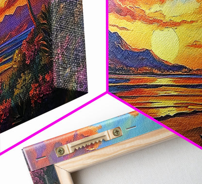 Mountains Tropical, Sunset, Palm Trees, Framed Canvas Print, Bold Landscape Art, Living Room Wall Decor, Sunset View, Boho Decor