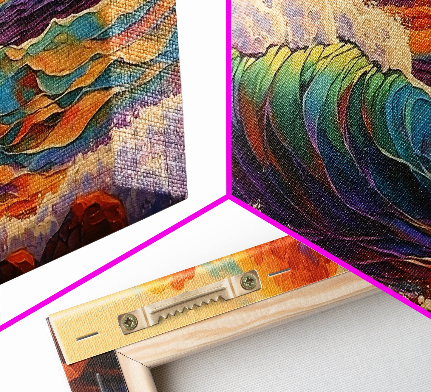 Ocean Wave, Sunset, Crashing Surf, Framed Canvas Print, Colorful Coastal Art, Living Room Wall Decor, Seaside Painting, Bold Landscape