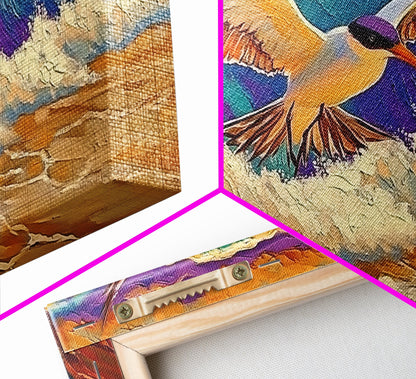 Seagull, Beach, Ocean Waves, Vibrant Sky, Framed Canvas Print, Coastal Wildlife Art, Living Room Wall Decor, Bird Painting, Boho Nature