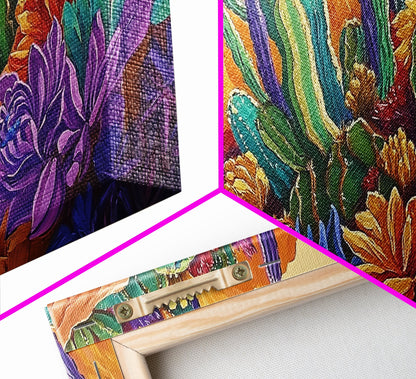 Cactus Desert, Wild, Garden, Colorful Wild Cactus Garden Canvas Print, Southwestern Desert Wall Art, Dining Room Decor, Boho Art Print