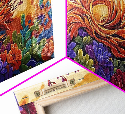 Succulent, Desert, Bloom, Sunset, Framed Canvas Print, Cactus boho art, colorful desert wall decor, Southwestern kitchen wall art