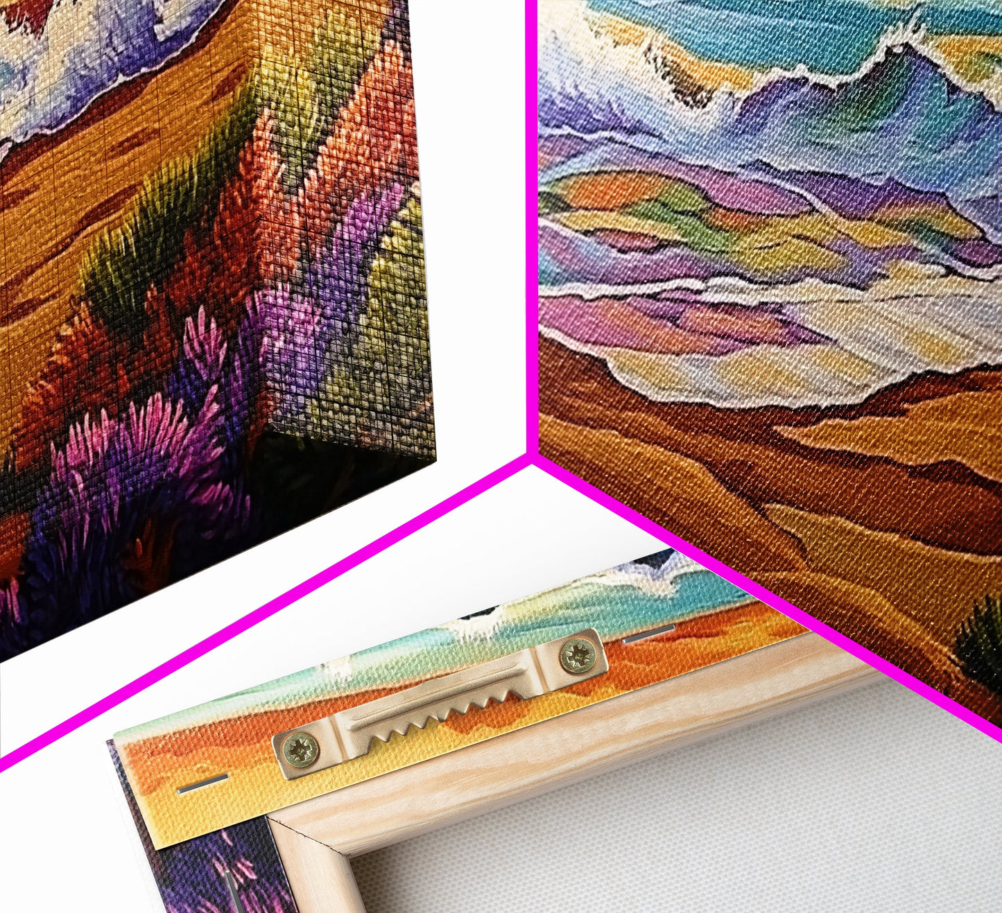 Wave Shoreline, Sunset Painting, Framed Canvas Print, vibrant crashing ocean waves, colorful rocks, Coastal Wall Art, tropical art