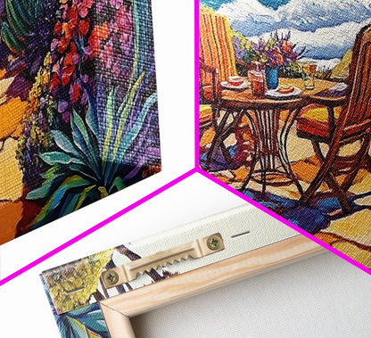 Patio, Ocean, Dining, Framed Canvas Print, Colorful seaside patio with umbrella and table scene, Summer vibes, Dining Room Wall Art