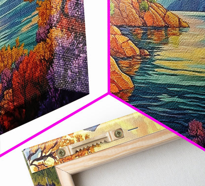 Mountain Lake, Trees, Reflection, Canvas Print with vivid autumn landscape painting, living room wall art, boho nature decor