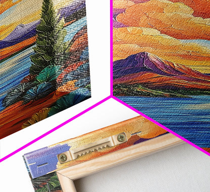 Mountain Lake, Cloudscape, Reflection, Framed Canvas Print, Bold sunset wall art, vibrant color landscape, Cabin or Living Room Wall Art