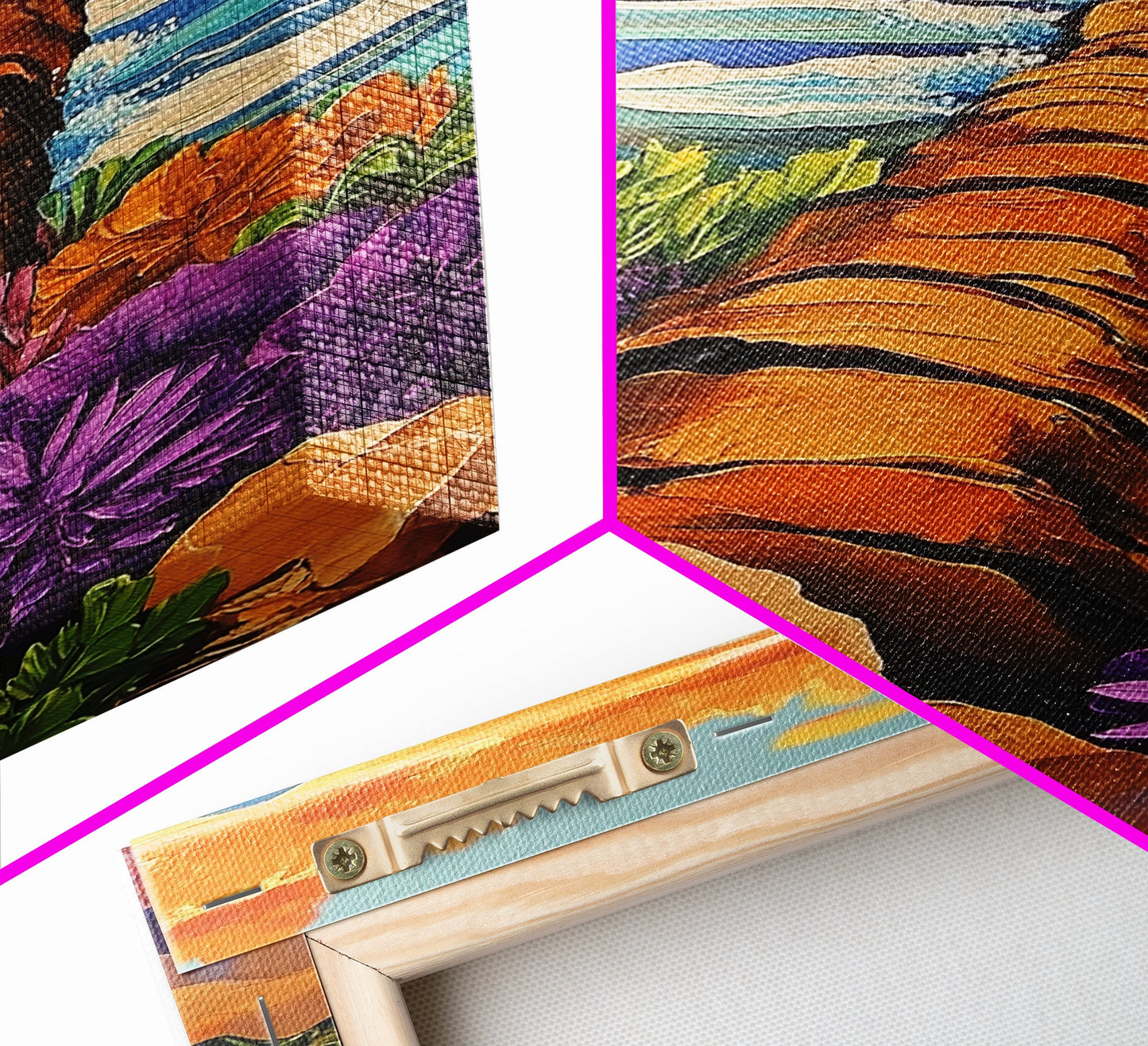 Ocean Path, Wildflowers, Shoreline, Framed Canvas Print coastal path wall art, ocean wildflower painting, beach garden style, hallway decor