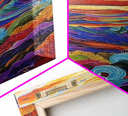 Sunset Ocean, Waves, Framed Canvas Print, Vibrant Abstract Seascape Wall Art, Colorful Ocean Decor, Living Room Statement Art