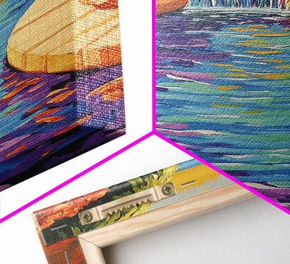 Pool Garden, Oasis, Sunset, Framed Canvas Print vibrant patio wall art, tropical courtyard landscape, kitchen art, sunroom boho decor