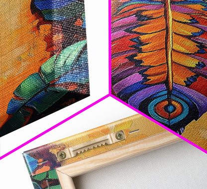 Bold Feather, Boho, Tropical, Colorful Framed Canvas Print, Eclectic Bedroom Wall Art, Boho Style Decor, Vibrant Southwest Wall Hanging