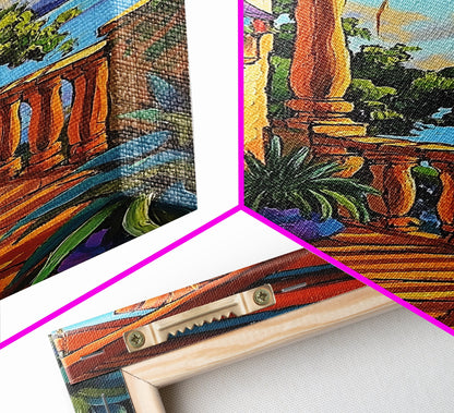 Porch Lake, Peaceful, View, Framed Canvas Print, relaxing patio art, summer lake view, rustic porch decor, Mediterranean vibes painting