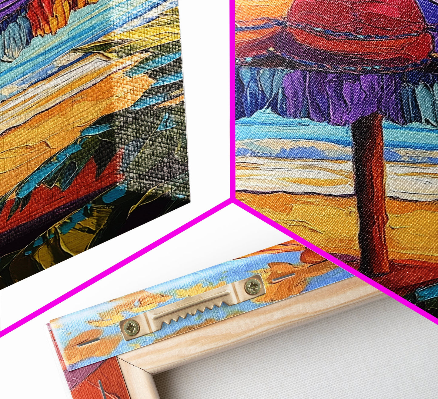 Beach Umbrella, Sunset, Framed Canvas Print, Tropical boho art, patio decor, summer beach vibe, colorful wall art, sunroom accent piece