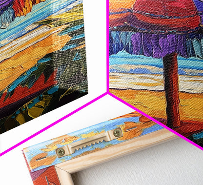 Beach Umbrella, Sunset, Framed Canvas Print, Tropical boho art, patio decor, summer beach vibe, colorful wall art, sunroom accent piece