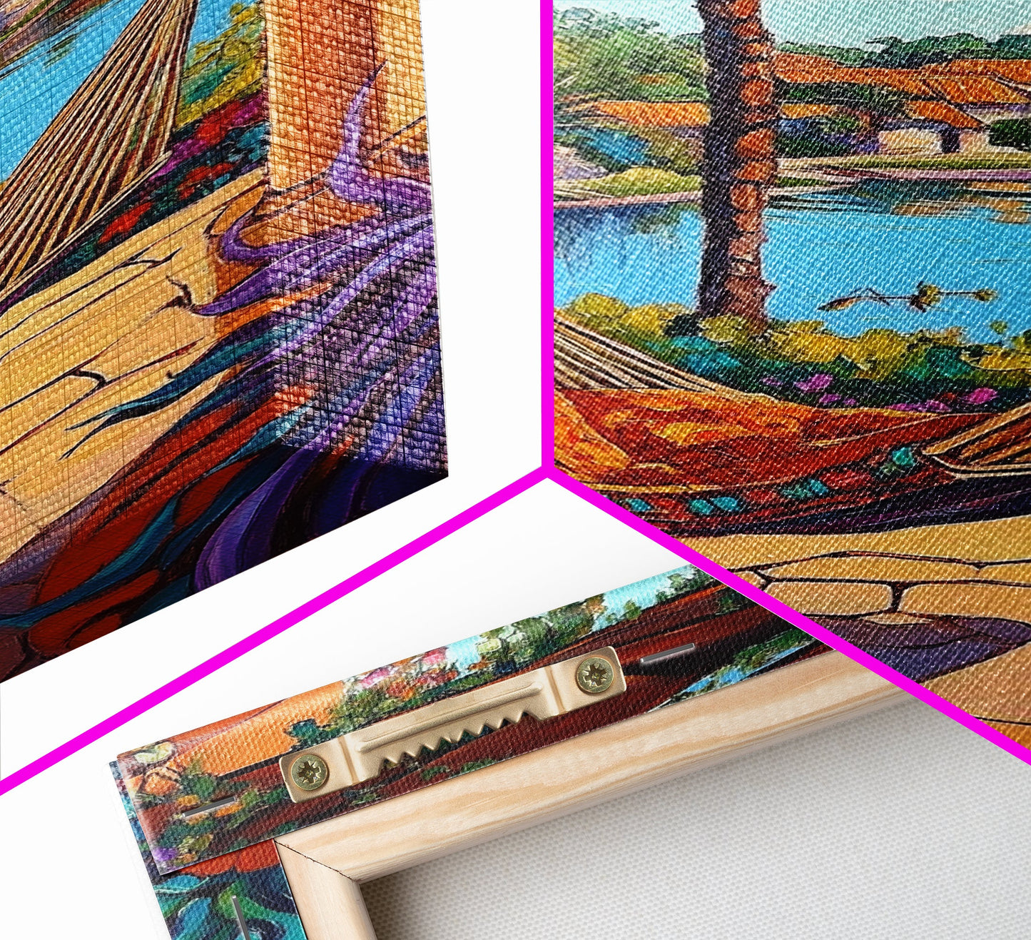 Hammock Patio, Relax, Lake, Framed Canvas Print, bohemian outdoor decor, tropical vacation art, summer patio vibe, living room wall art