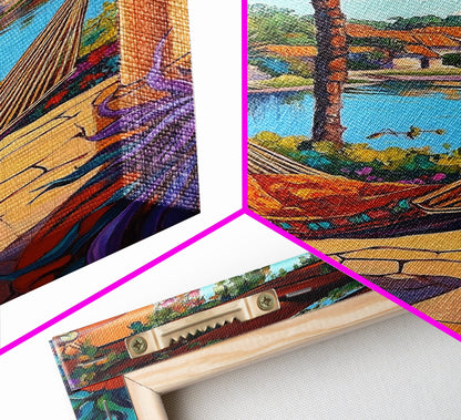 Hammock Patio, Relax, Lake, Framed Canvas Print, bohemian outdoor decor, tropical vacation art, summer patio vibe, living room wall art