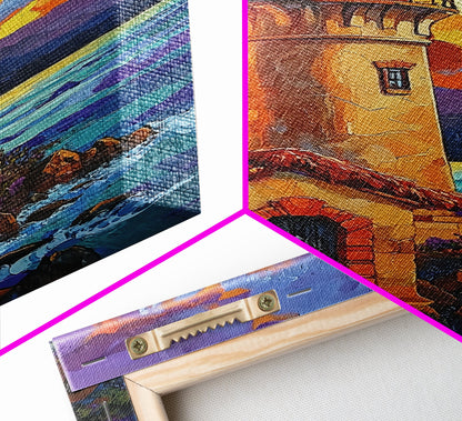 Moonlit Lighthouse, Rustic, Shore, Framed Canvas Print, Coastal Lighthouse Canvas, Dramatic Moon Ocean Scene, Rustic Nautical Wall Art