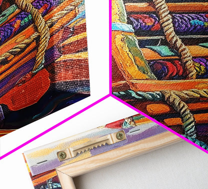 Rope Dock Sunset, Nautical, Framed Canvas Print, Nautical Rope Dockside Art, Sunset Painting, Coastal Seaside Wall Decor, Living Room Decor