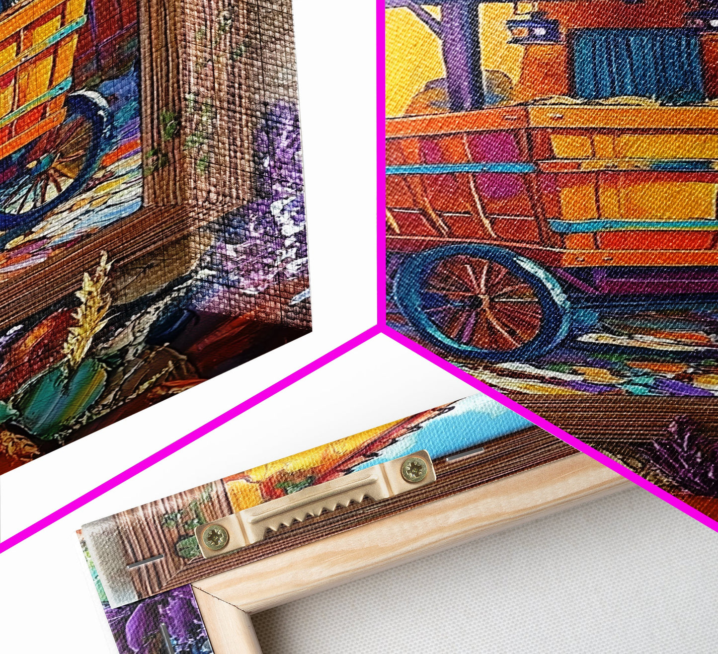 Rustic Wagon, Village, Colorful House Framed Canvas Print, Southwest Home Decor, Farmhouse Kitchen Wall Art, Mexican Art Style