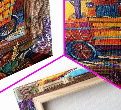 Rustic Wagon, Village, Colorful House Framed Canvas Print, Southwest Home Decor, Farmhouse Kitchen Wall Art, Mexican Art Style