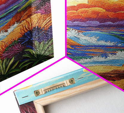 Seaside Sunset, Cliff, Dramatic Clouds Framed Canvas Print, Vibrant Ocean Wall Decor, Bathroom Beach Art, Coastal Expressionism