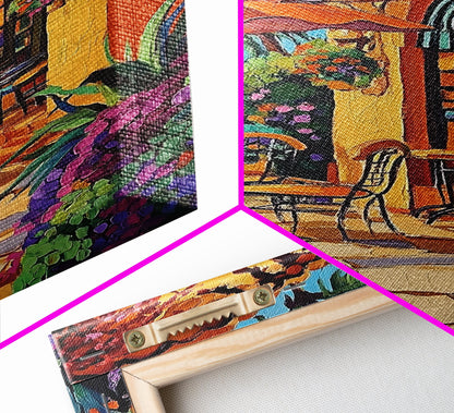 Bistro Patio, Sun, Canvas Print, Mediterranean cafe painting, kitchen wall art, outdoor charm artwork, sunny terrace decor, cozy nook print