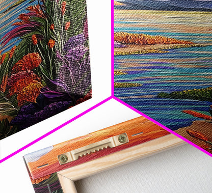 Lake Sunset, Wildflowers, Peaceful, Framed Canvas Print, Serene Nature Wall Art, Bedroom or Living Room Decor, Vibrant Landscape Style