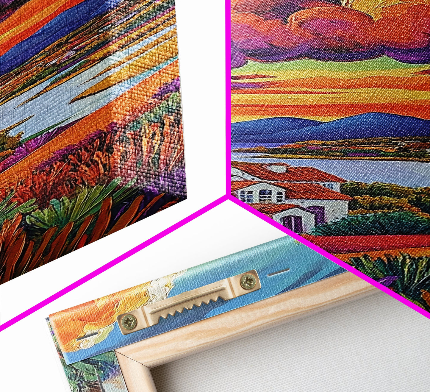 Village Sunset, Clouds, Landscape, Framed Canvas Print, Colorful Scenic Wall Art, Rustic Living Room Decor, Mediterranean Countryside