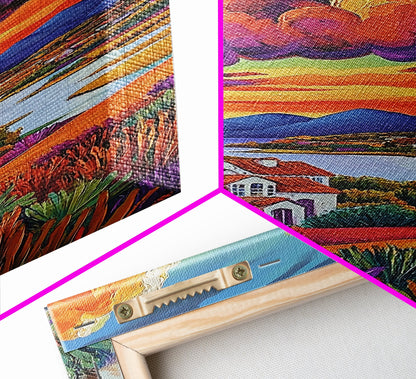 Village Sunset, Clouds, Landscape, Framed Canvas Print, Colorful Scenic Wall Art, Rustic Living Room Decor, Mediterranean Countryside