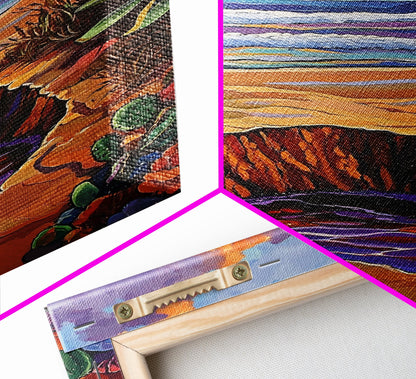 Desert Coast, Sunset Beach, Nature Hole, Surreal Art, Framed Canvas Print, Bedroom Wall Art, trippy boho decor, colorful landscape