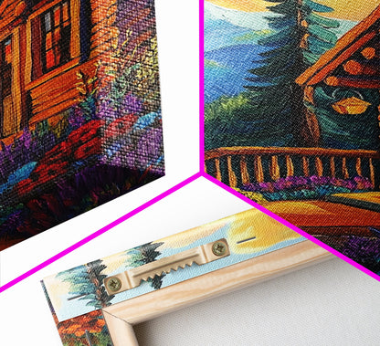 Cabin Escape, Fall Glow, Mountain Forest, Rustic Beauty, Canvas Print, Autumn Wall Art, Log Cabin Decor, Cozy Living Room Accent