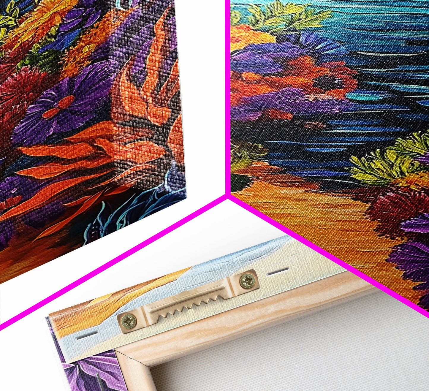 Hidden Cove, Ocean Trail, Botanical Beauty, Colorful Path, Framed Canvas Print, tropical jungle painting, hallway wall art, boho art