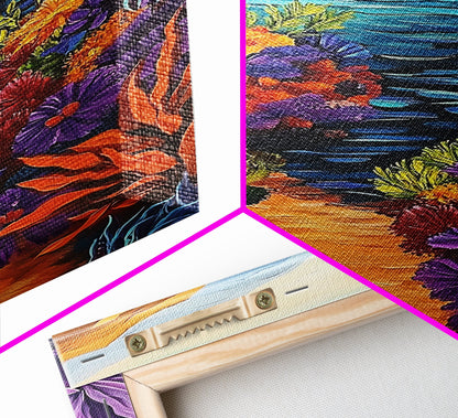 Hidden Cove, Ocean Trail, Botanical Beauty, Colorful Path, Framed Canvas Print, tropical jungle painting, hallway wall art, boho art