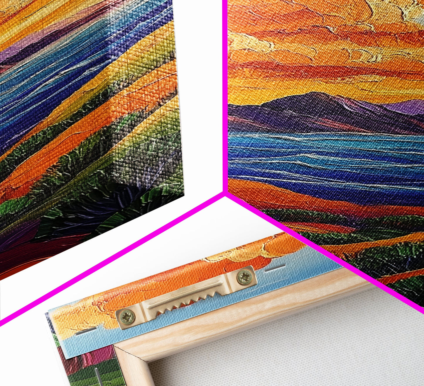 Coastal Hills, Sunset Path, Ocean View, Fiery Sky — Framed Canvas Print Autumn landscape painting, colorful kitchen wall art, boho decor