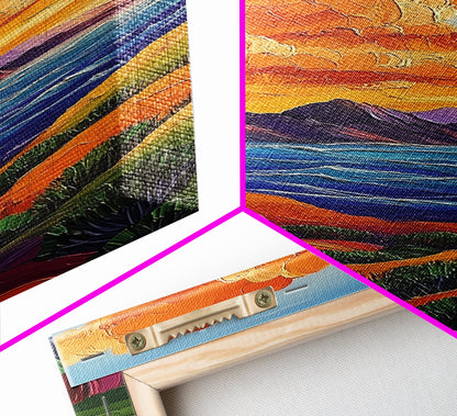 Coastal Hills, Sunset Path, Ocean View, Fiery Sky — Framed Canvas Print Autumn landscape painting, colorful kitchen wall art, boho decor