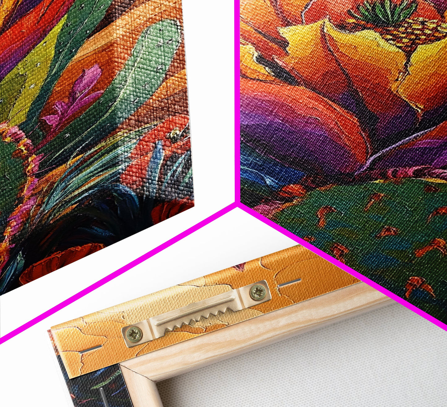 Cactus Blooming, Desert, Vivid, Framed Canvas Print bold southwest art, colorful desert cactus, southwestern home decor, kitchen wall art