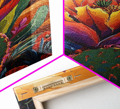 Cactus Blooming, Desert, Vivid, Framed Canvas Print bold southwest art, colorful desert cactus, southwestern home decor, kitchen wall art