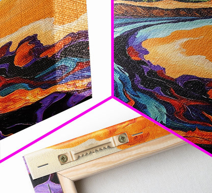 Lava Coastline, Molten Waves, Abstract Nature, Volcanic Scene, Framed Canvas Print, Fall Wall Art, Moody Decor, Earthy Abstract Art