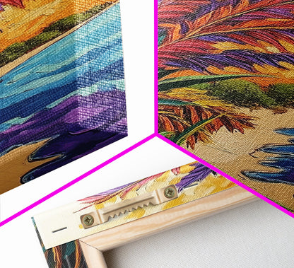 Vibrant Beach Grass, Sunset Ocean View, Coastal Wall Decor, Tropical Vibes, Framed Canvas Print, Summer Living Room Wall Art