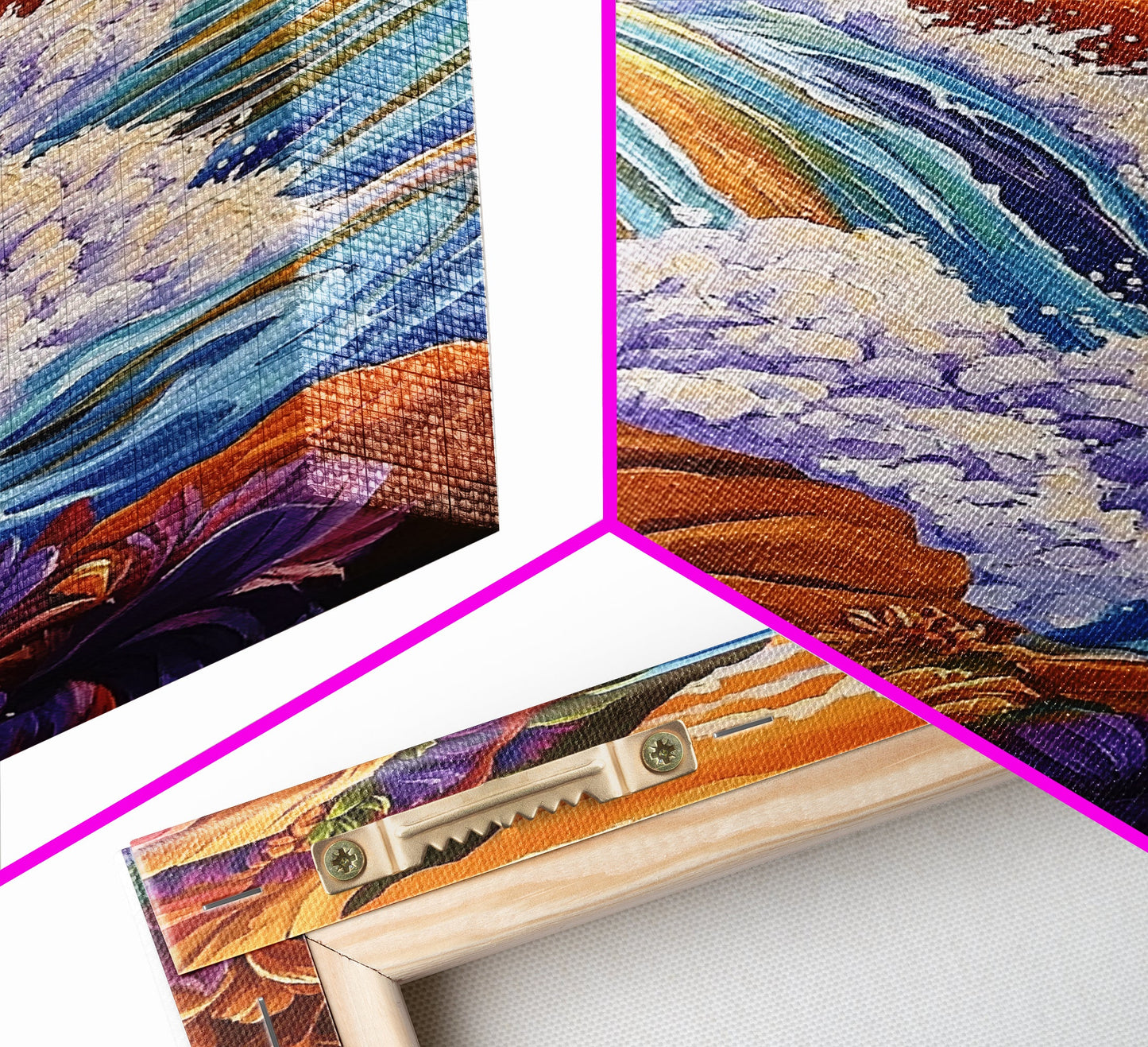 Coastal Waterfall, Ocean Rocks, Tropical Seascape, Sunset Art, Framed Canvas Print bathroom decor, beach lovers gift, colorful nature art