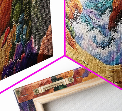 Ocean Path, Colorful Cliffs, Bright Beach, Nature Trail, Framed Canvas Print, Coastal Wall Art, Hallway Decor, Vibrant Seaside Painting