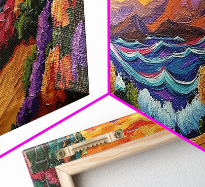 Tropical Sunset Cove, Vibrant Ocean Painting, Beach House Decor, Bold Nature Scene, Boho Living Room Canvas Print, Nature Painting